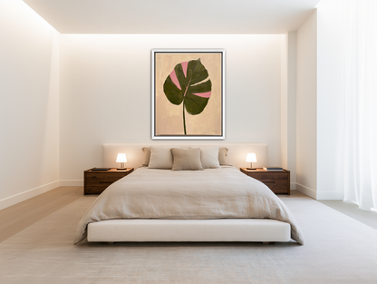 Pink banded leaf on plastered white room view