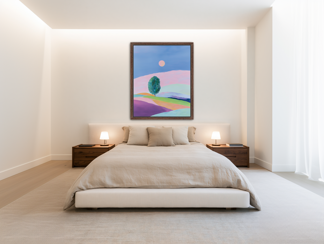 A pale sun above hills room view