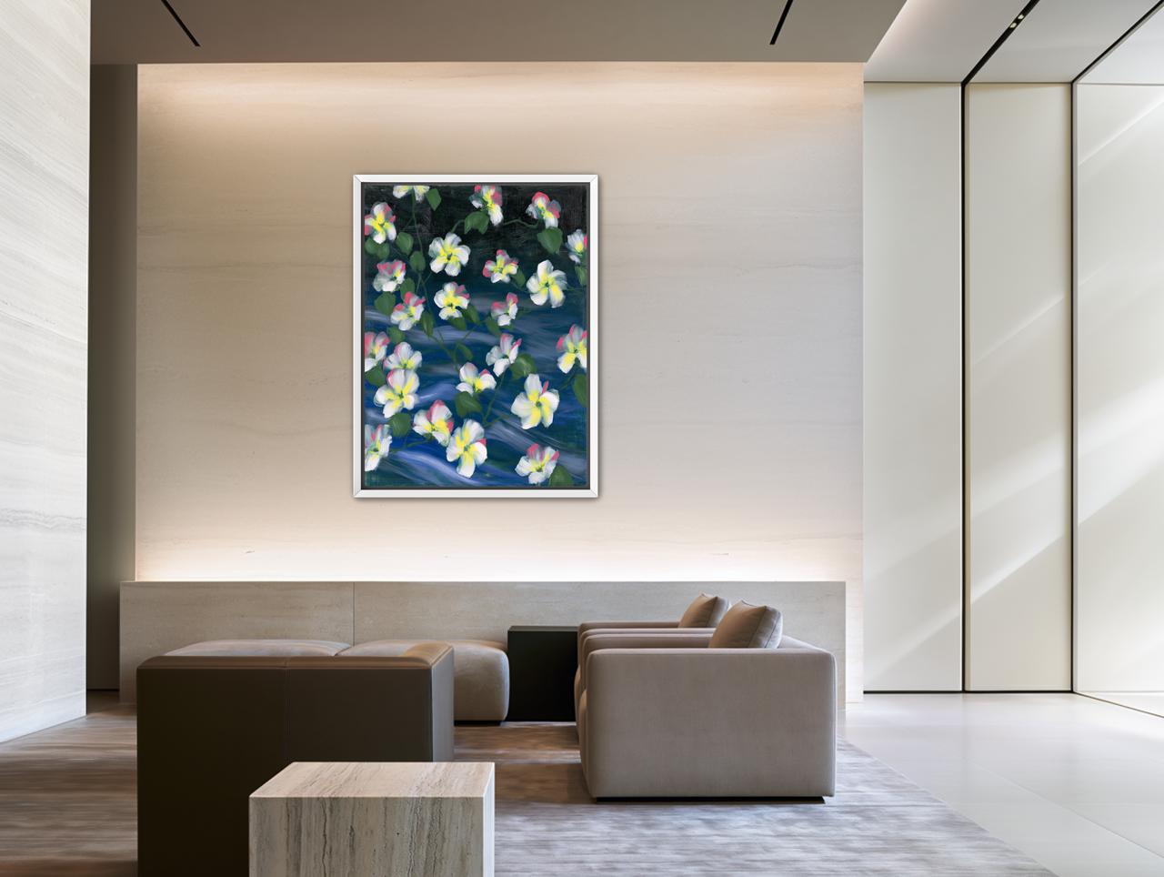 White flowers across deep blue room view