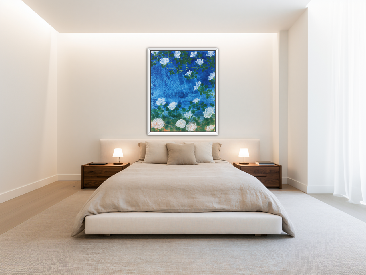 White blossoms on cobalt blue room view