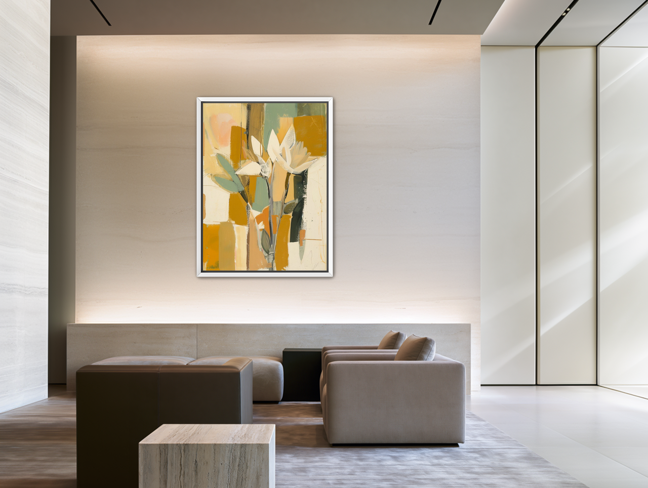 White flowers in ochre light room view