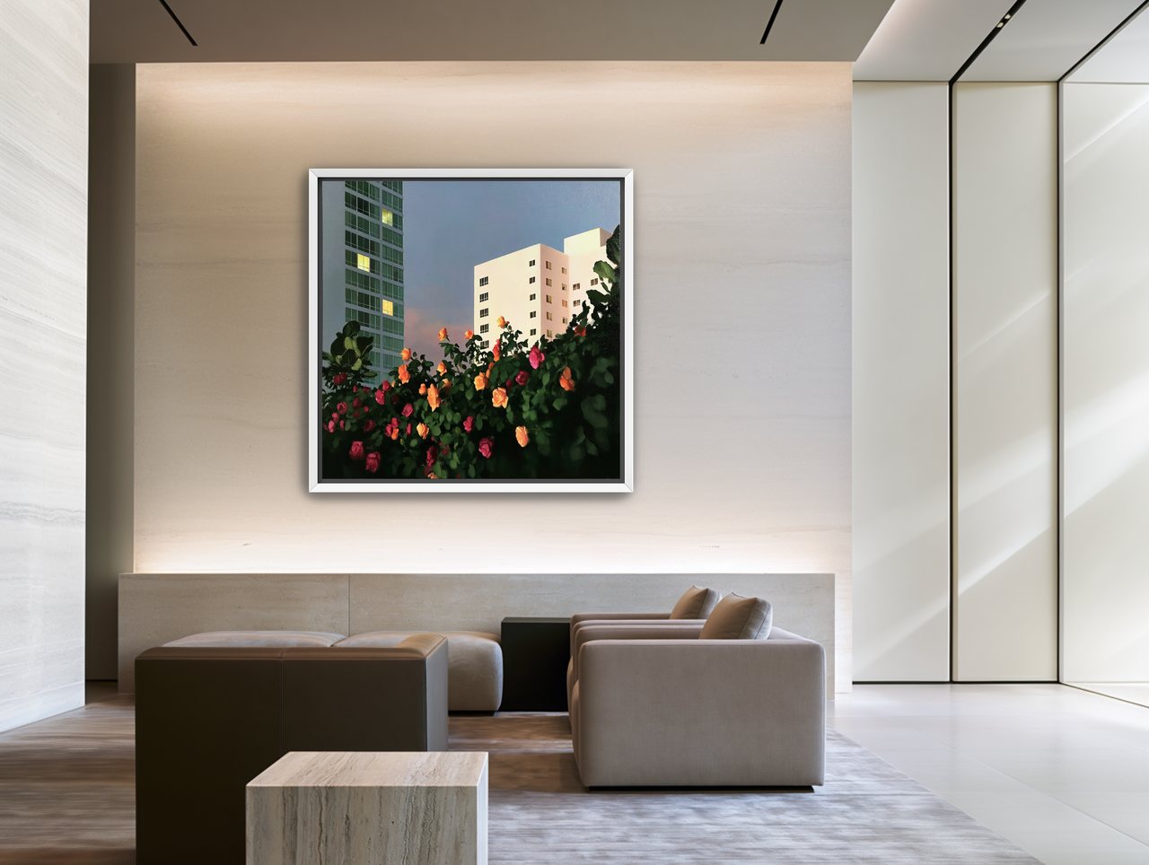 Roses below lit windows room view