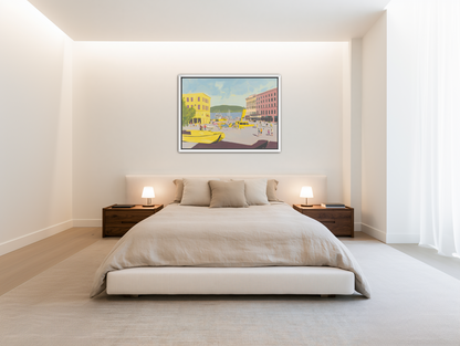 Yellow boats among pastel buildings room view