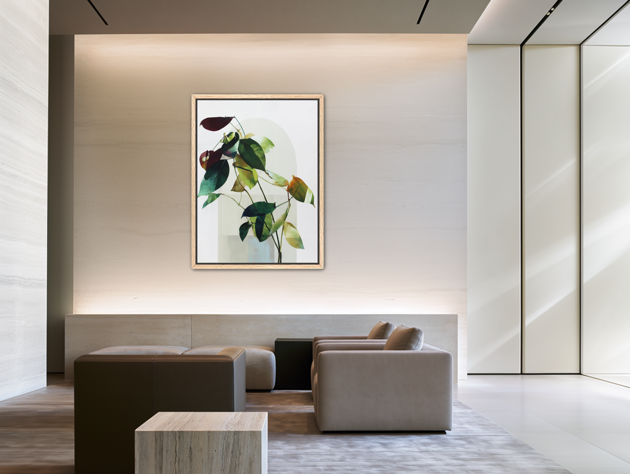 Leaves across a pale arch room view