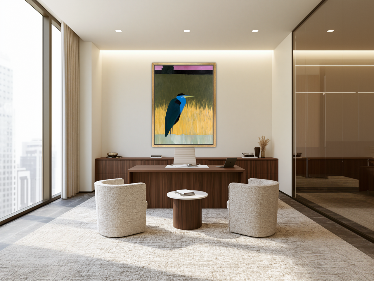 Blue bird in yellow grass room view