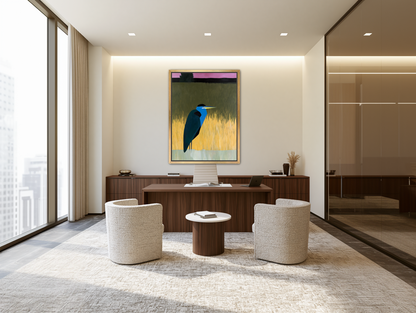 Blue bird in yellow grass room view