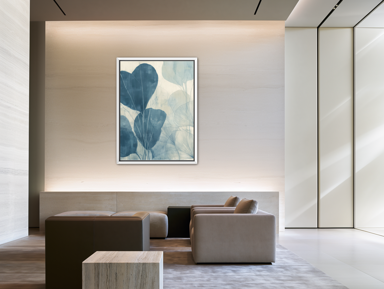 Leaves among pale blue space room view