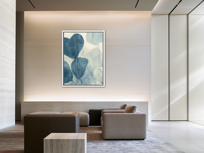 Leaves among pale blue space room view