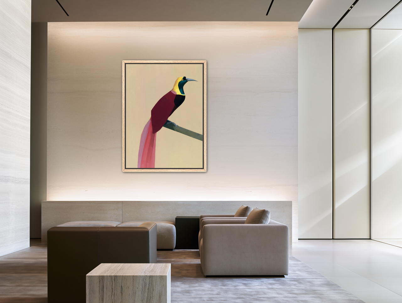 A bright bird on a branch room view