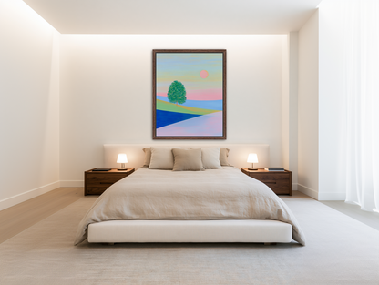 Pink sun over striped hills room view