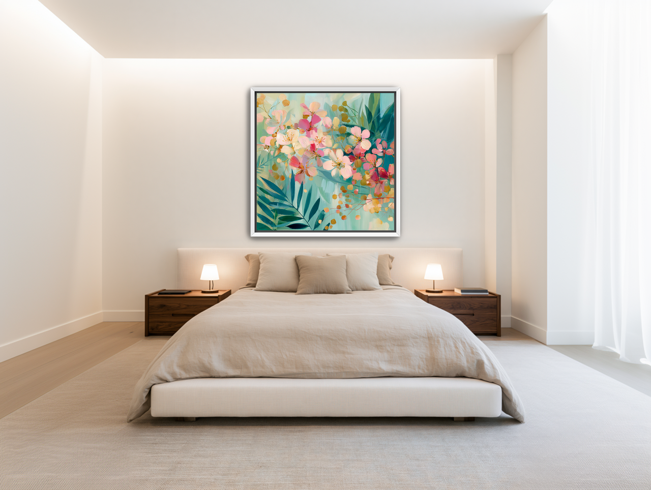 Blossoms over teal leaves room view
