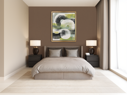 Curved bands across green fields room view
