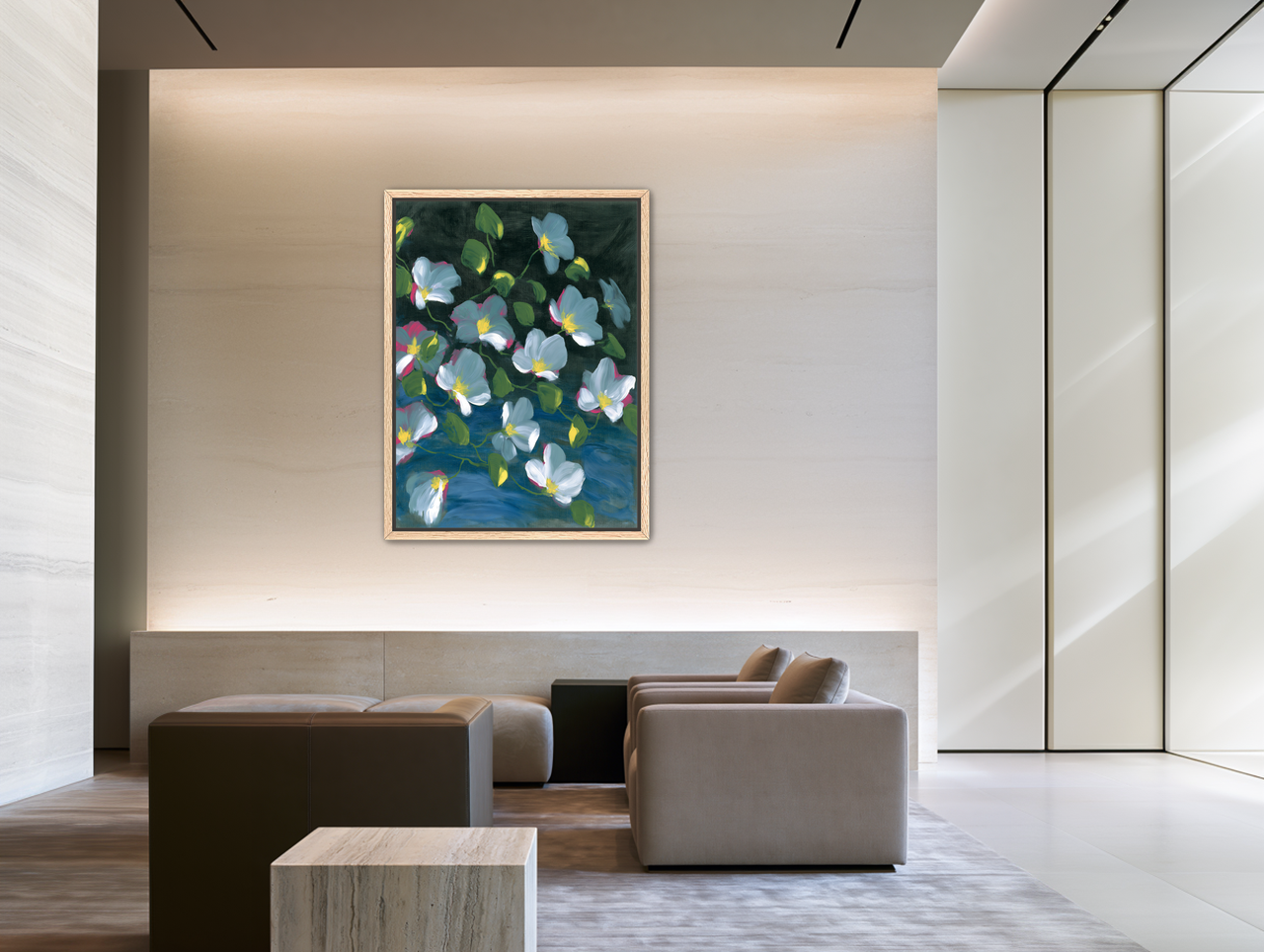 Pale blooms on black room view