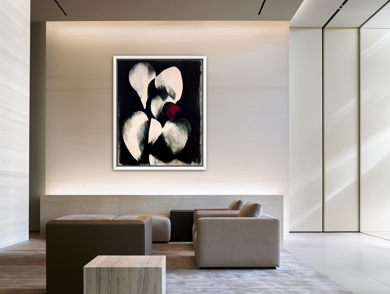 Red petal in shadowed bloom room view