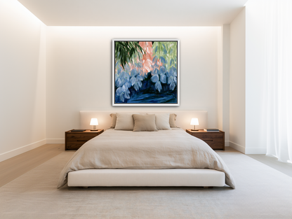 Blue flowers under green leaves room view