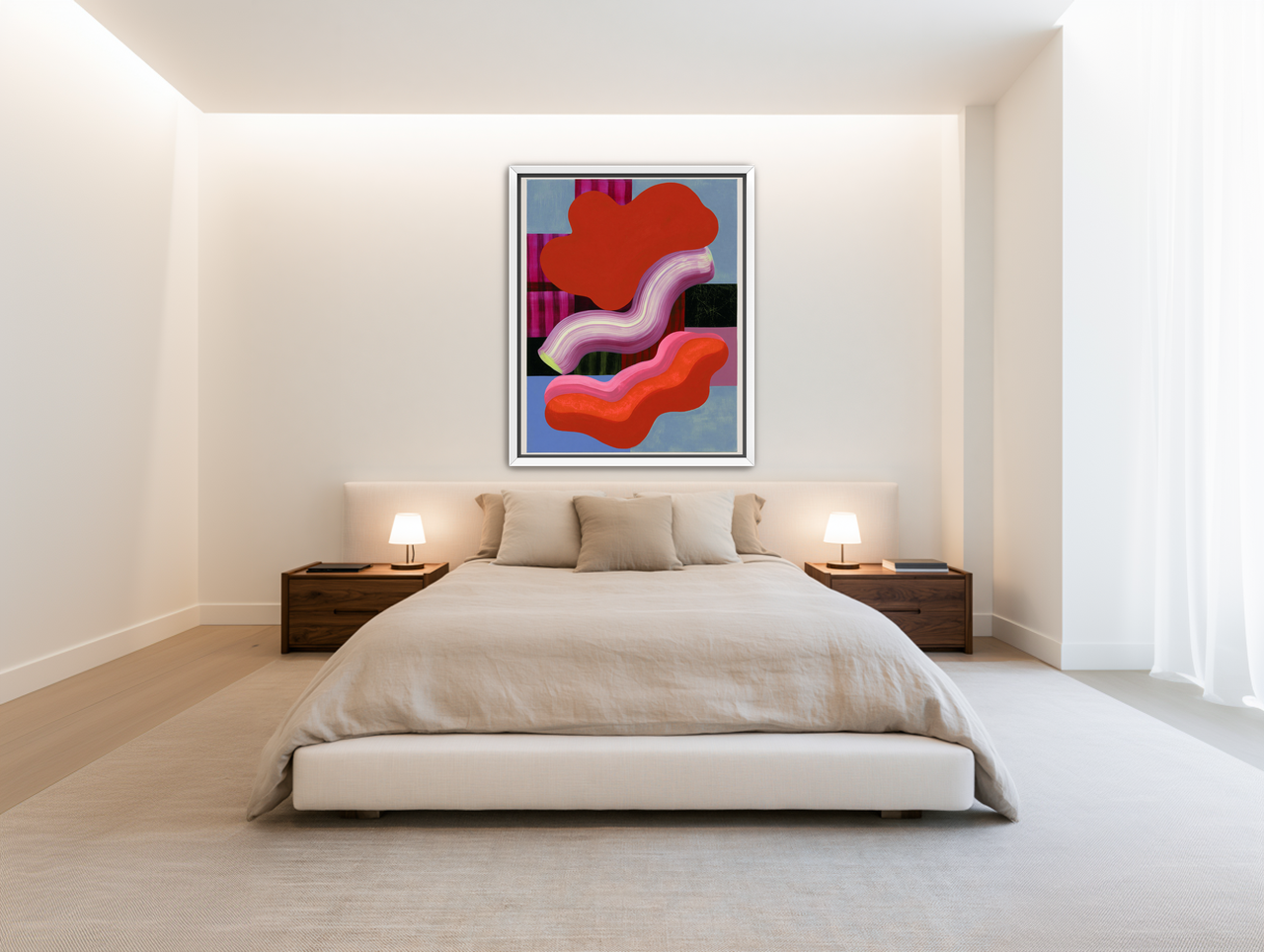 Layered red forms on grid room view