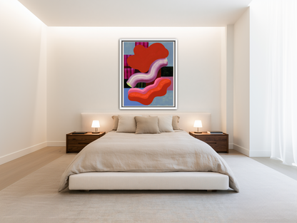 Layered red forms on grid room view