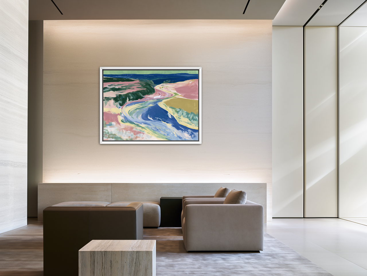River bend in pink fields room view
