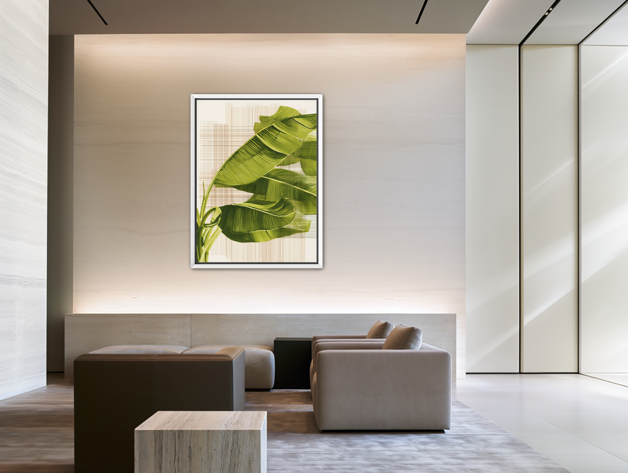 Banana leaves against the grid room view