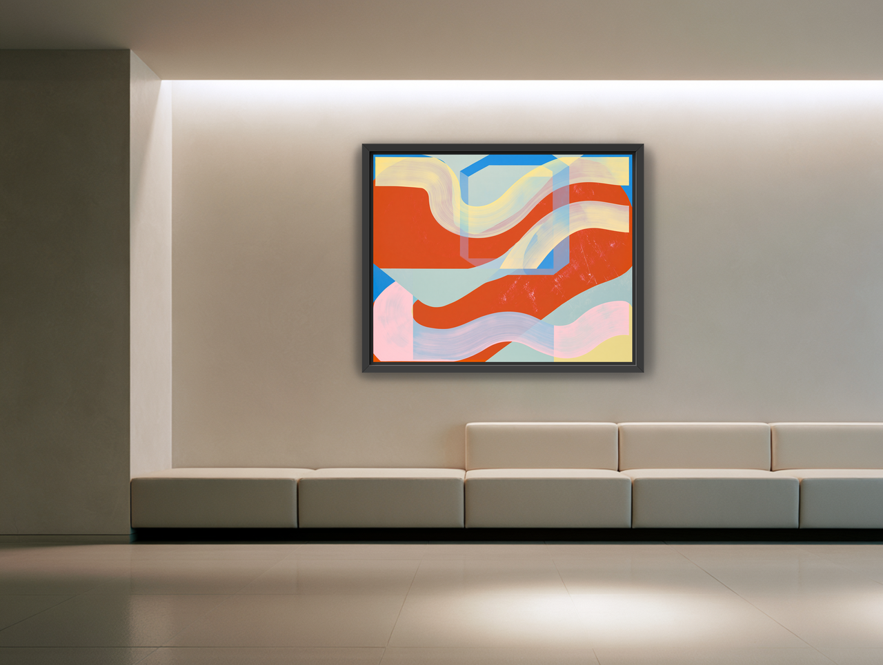 Translucent bands over red blocks room view