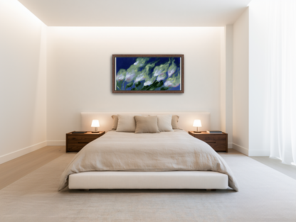 Pale flowers across blue field room view