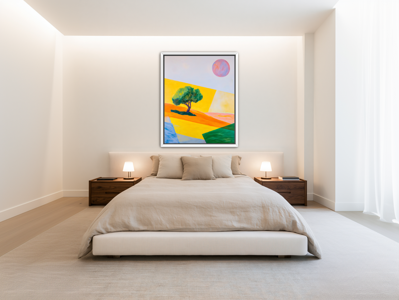 Pink sun over yellow hills room view