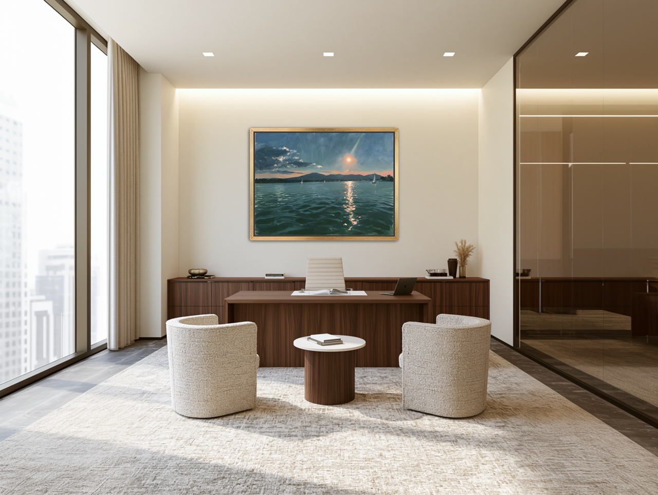 Peach sun on blue water room view