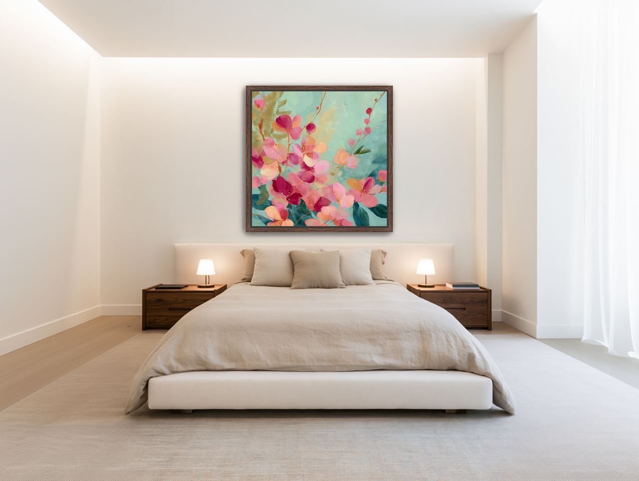 Pink blossoms drifting through teal room view
