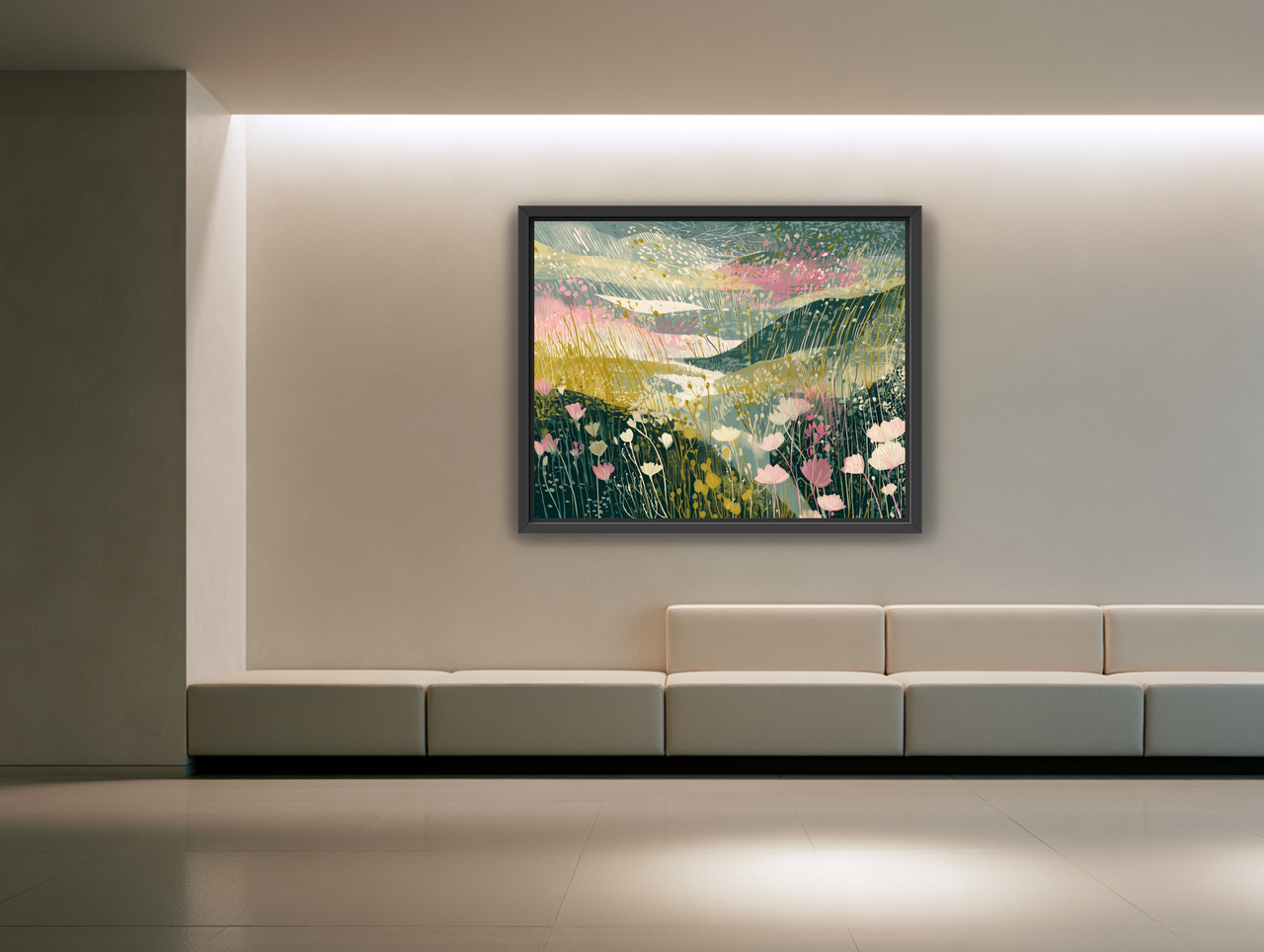 Wildflowers across layered hills room view
