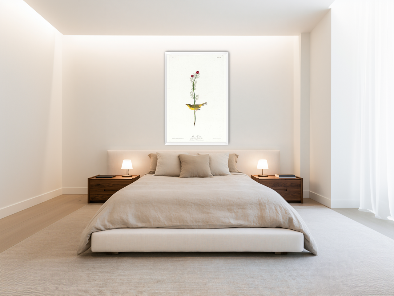A yellow bird beneath red blooms room view