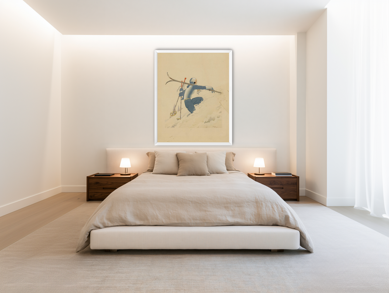 Blue skier in pale snow room view
