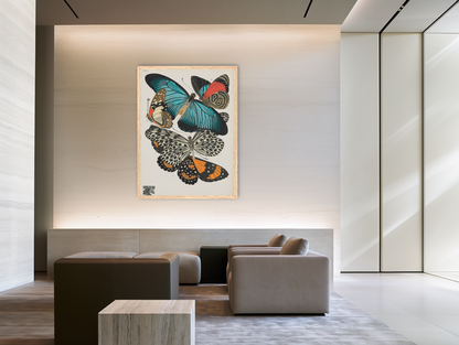 Turquoise wings over orange velvet room view