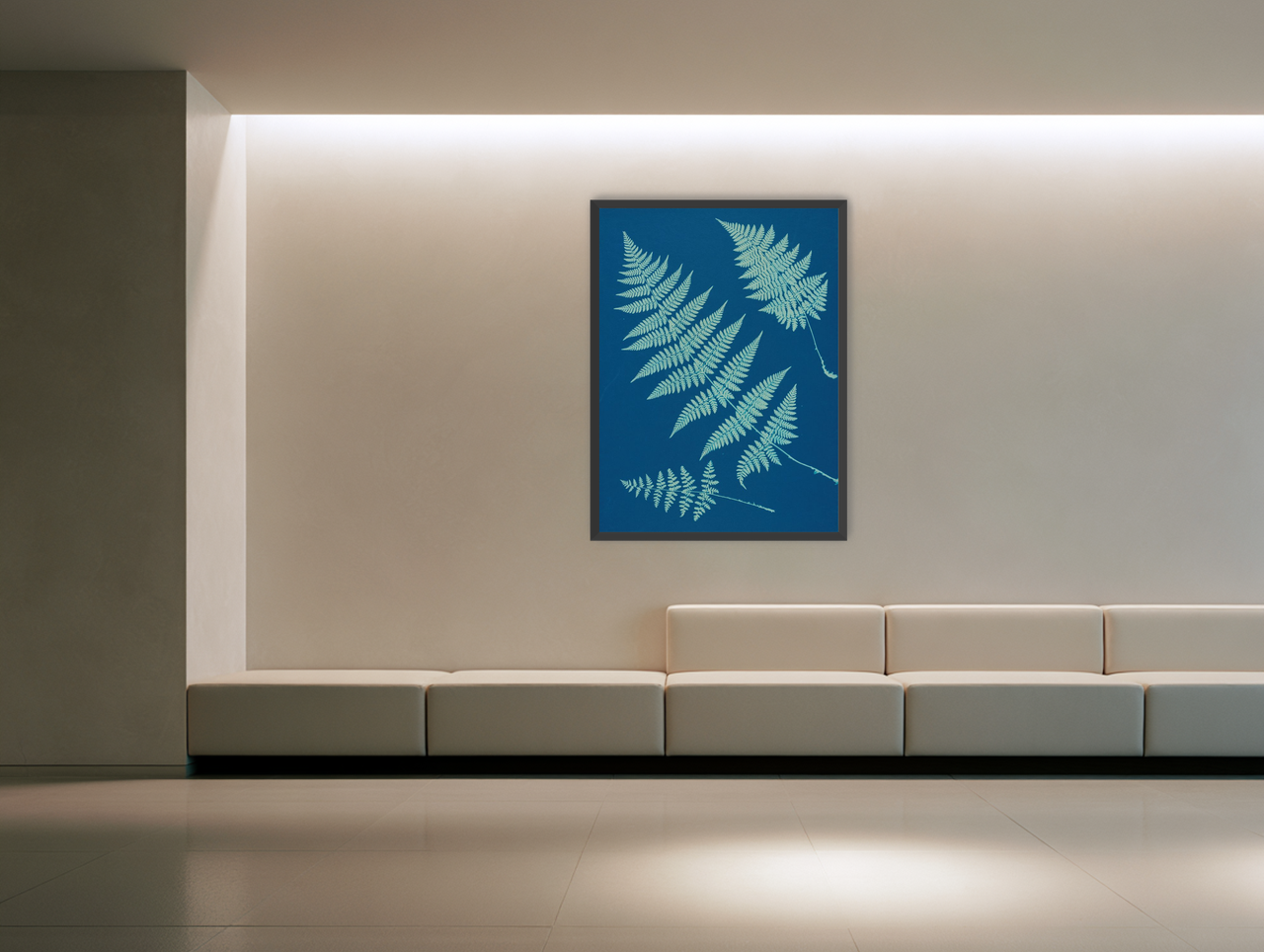 Pale ferns in deep blue room view