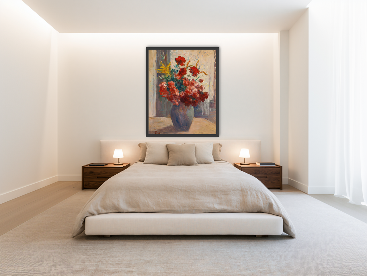 Flowers within a tall vase room view