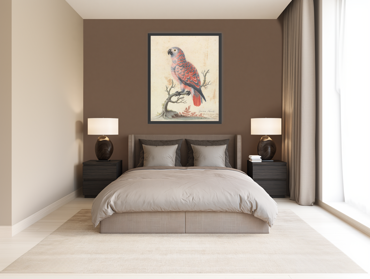 Parrot among bare branches room view