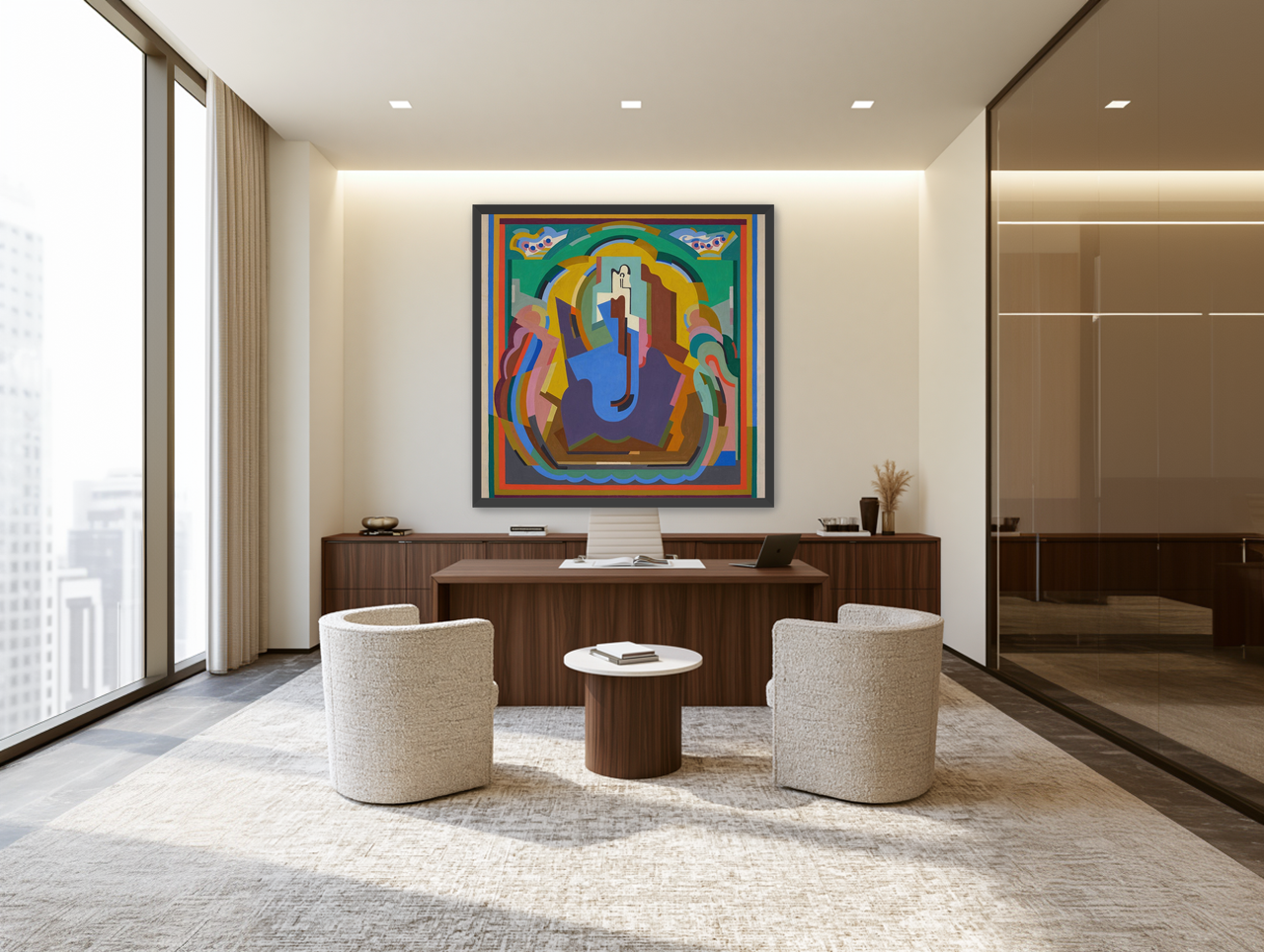 A figure under painted arches room view