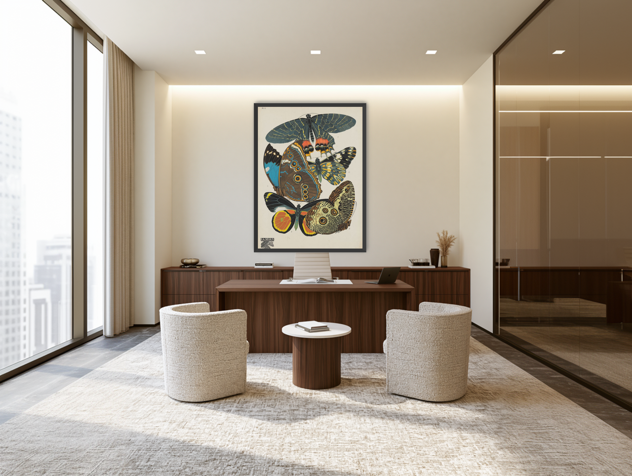 Five butterflies in quiet display room view