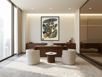 Five butterflies in quiet display room view