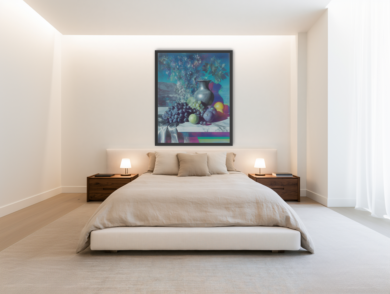 Vase and fruit in blue haze room view