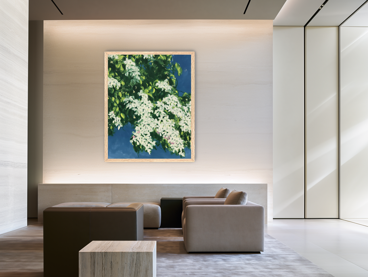 White blossoms on blue field room view