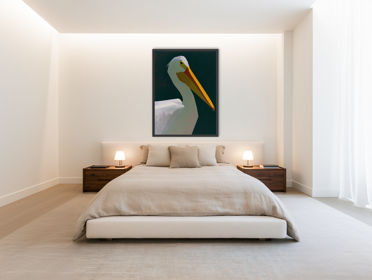 White pelican in deep green room view