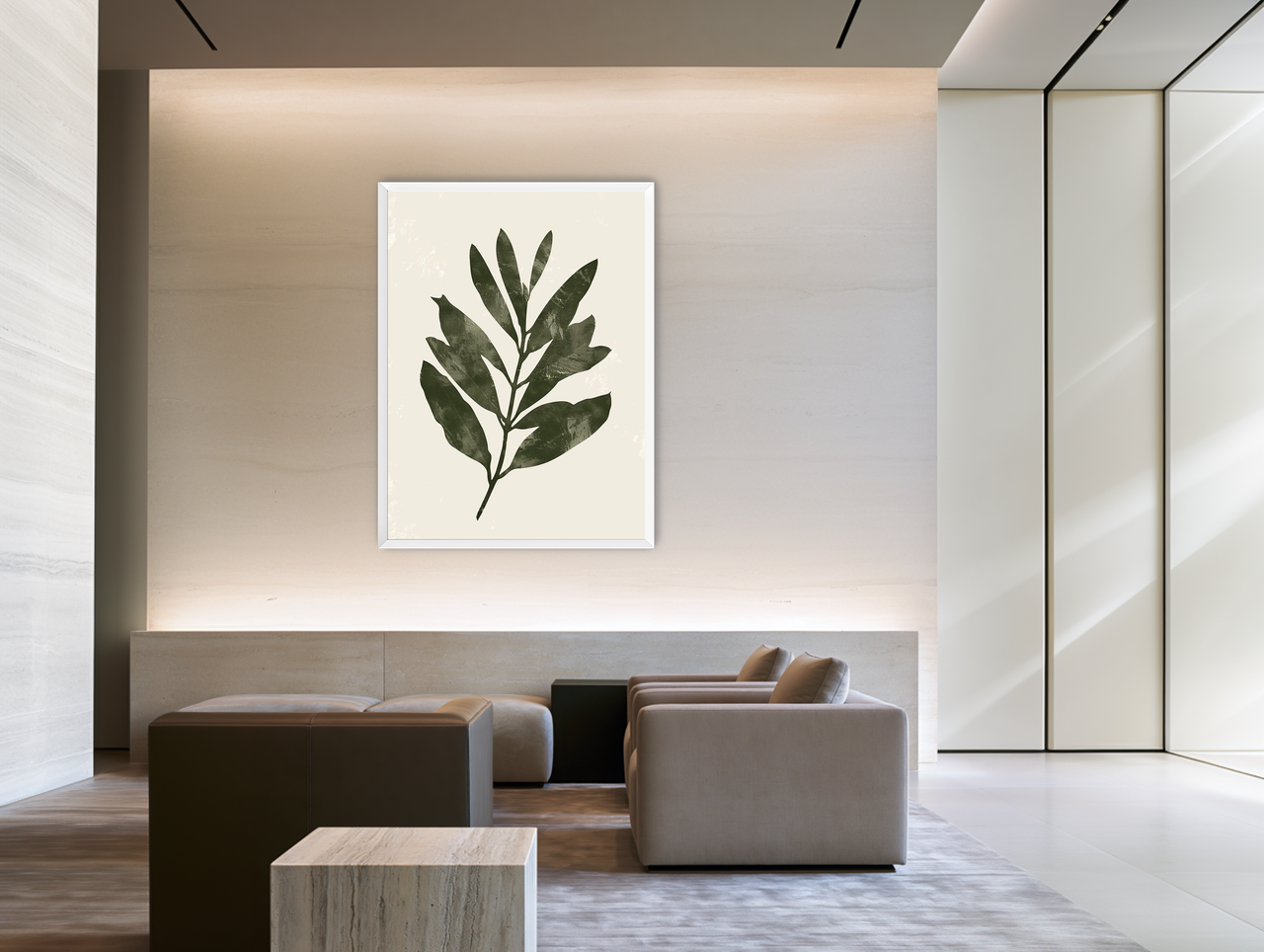 Still branch on pale paper room view