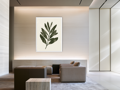 Still branch on pale paper room view