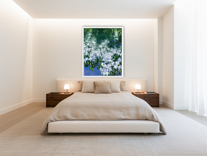 White blossoms over blue shade room view