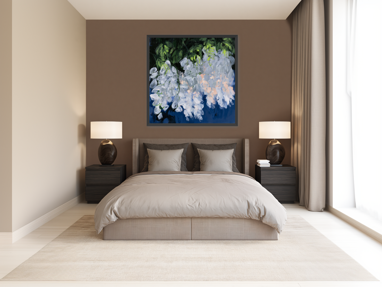 White blooms in blue shade room view