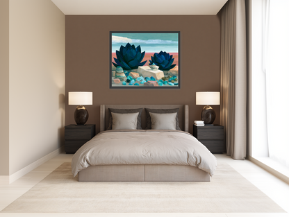 Deep blue blooms on coral ground room view