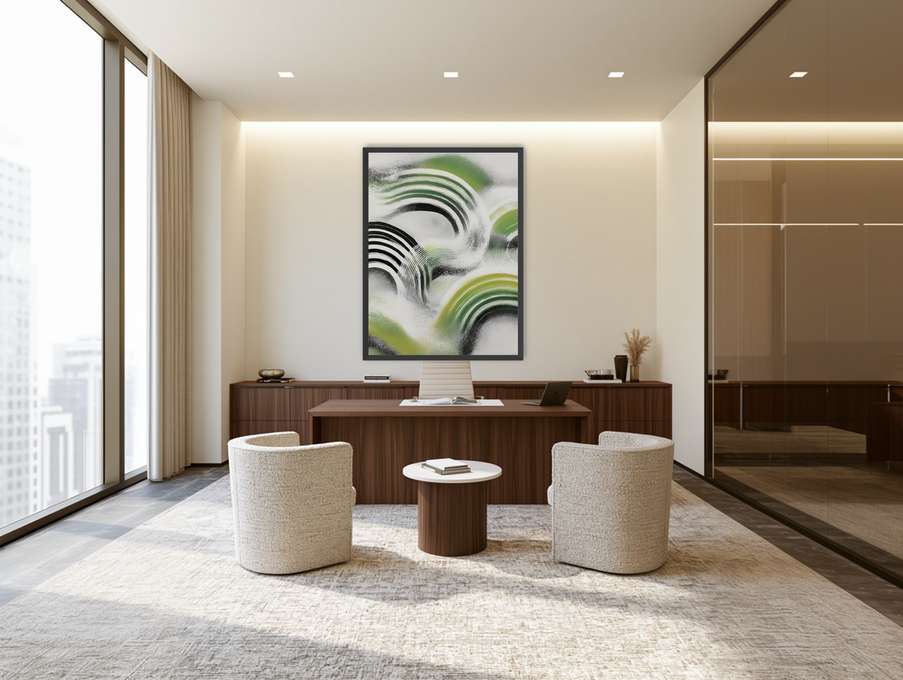 Green arcs across the haze room view