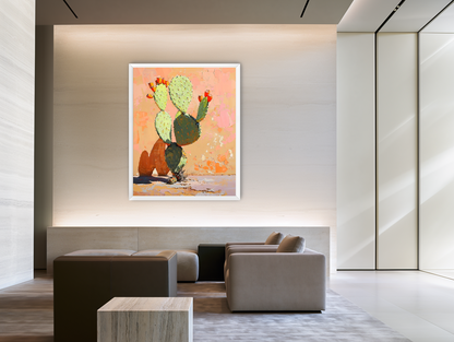 Prickly pear in sunlit plaster room view
