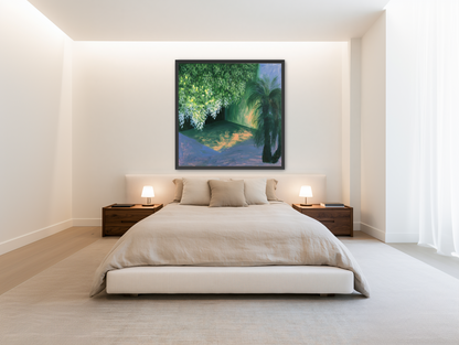Yellow light on green pond room view