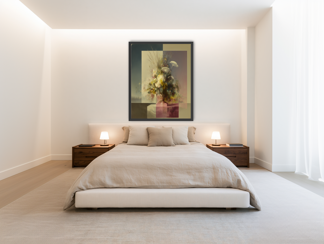 Vase of flowers within panes room view